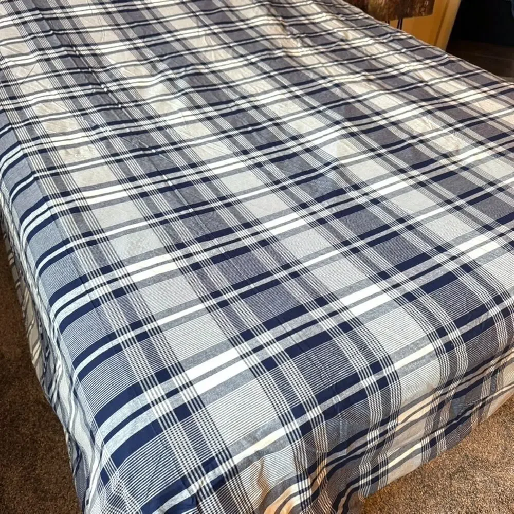Yves Delorme King Duvet Cover Blue White Plaid 100% Cotton Luxury Made in France